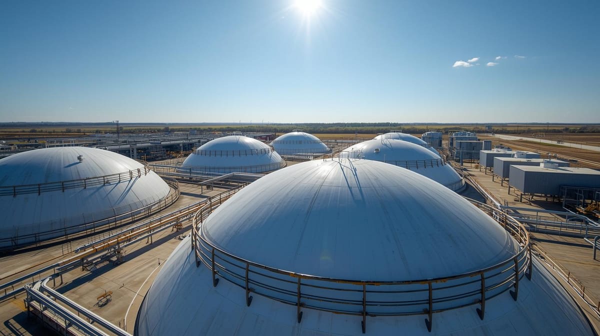 A wide aerial view of a natural gas storage facility, featuring large, dome-shaped storage tanks with visible pipelines and infrastructure, set against a clear, bright sky.
