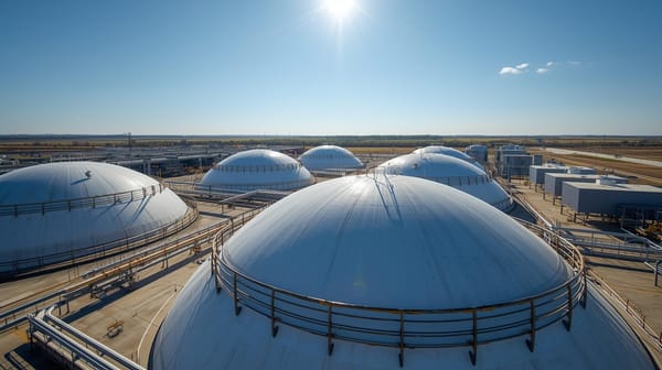 A wide aerial view of a natural gas storage facility, featuring large, dome-shaped storage tanks with visible pipelines and infrastructure, set against a clear, bright sky.